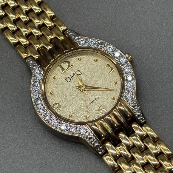 Ladies DMQ Swiss Quartz Gold Tone Watch Cubic Zirconia Bezel Bracelet Band WORKS - Picture 3 of 12